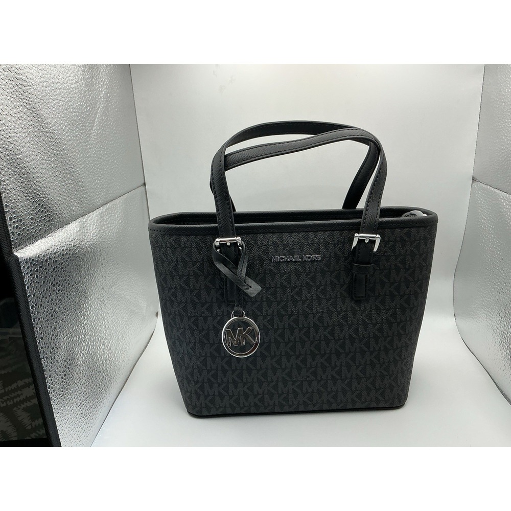 Michael Kors Jet Set Travel XS Tote Black MK Signature Coated Canvas NWT $328